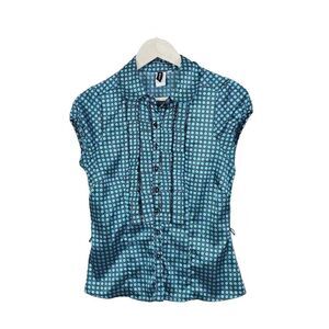 VTG y2k 90s shiny button front‎ pleat shirt M blue black peplum career